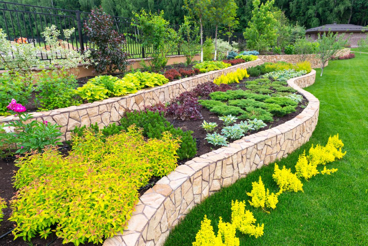 Two level garden beds with flowers and shrubs in front of green yard