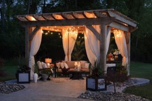 Outdoor pergola with seating and lights