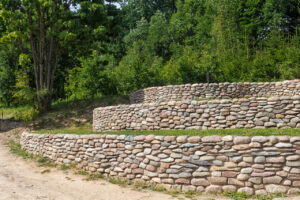 retaining wall made out of cobblestones